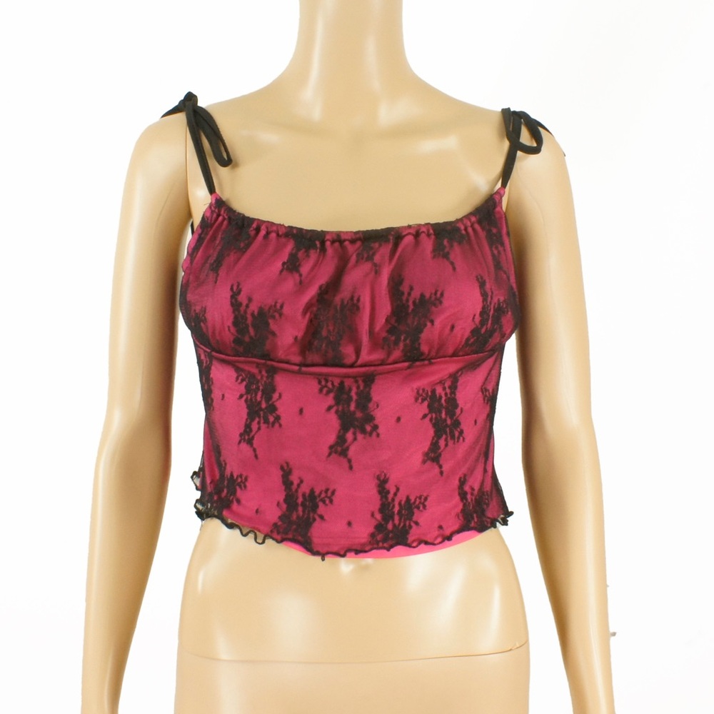 Vintage Late 90s Y2K 2000s Black Sheer Floral Lace Layered Hot Pink Babydoll Top